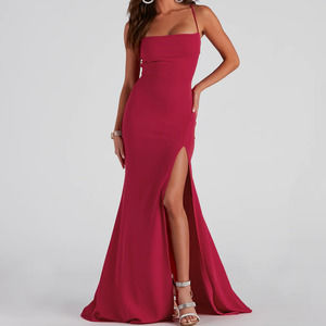 Windsor S Pink Strappy Criss Cross Open Back Crepe Slit Maxi Gown Dress